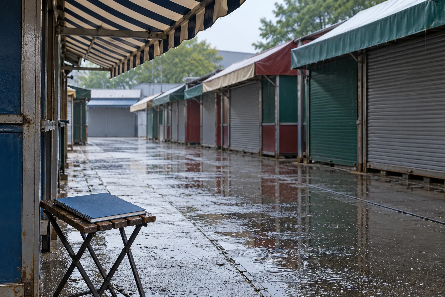 Illustration: A blue blank sketchbook on a folding stool beneath a striped awning faces an empty alley of closed unlettered stalls.