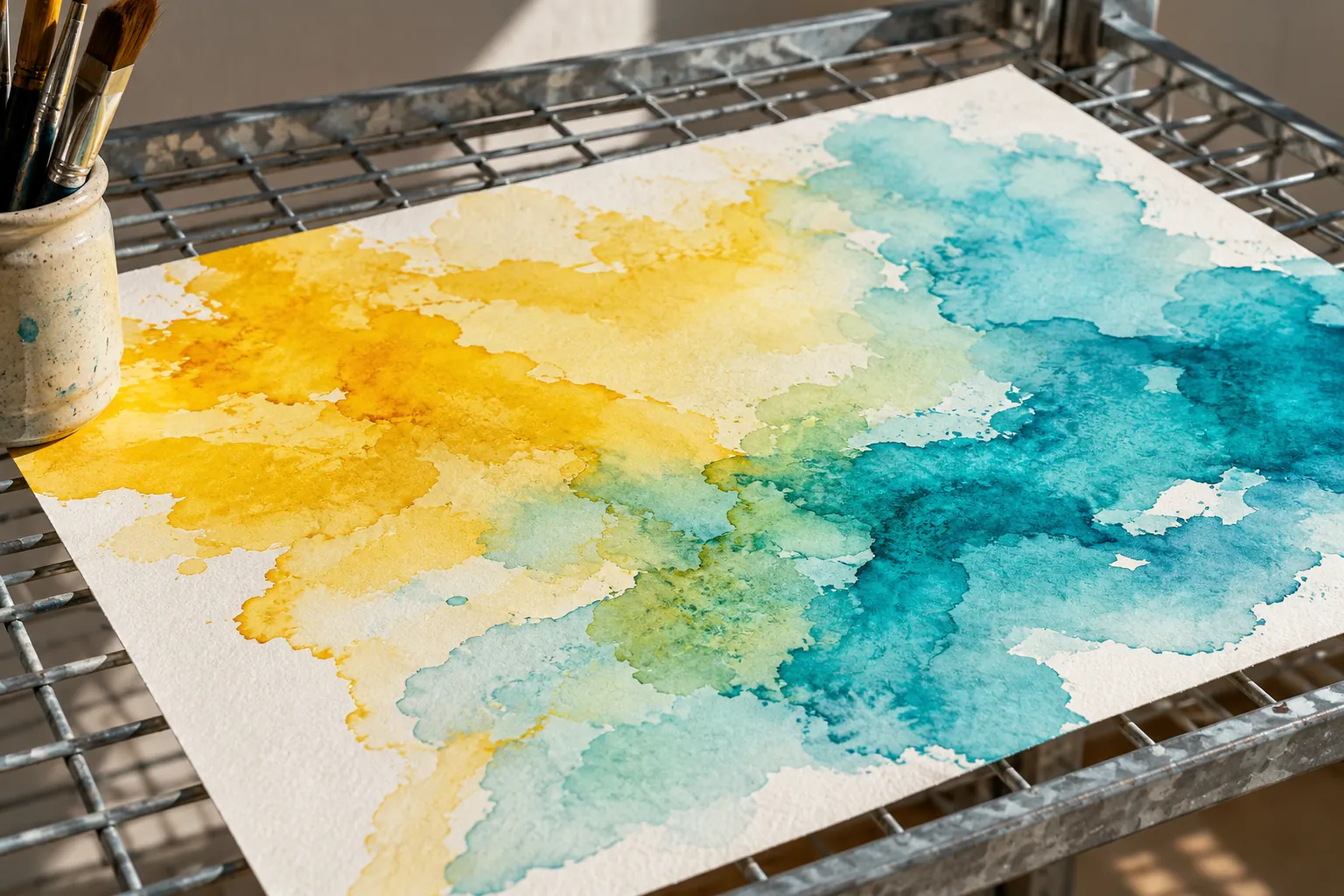 Illustration: Original yellow and turquoise watercolour washes dry on white paper across a galvanized mesh shelf, brush jar cropped at one edge.