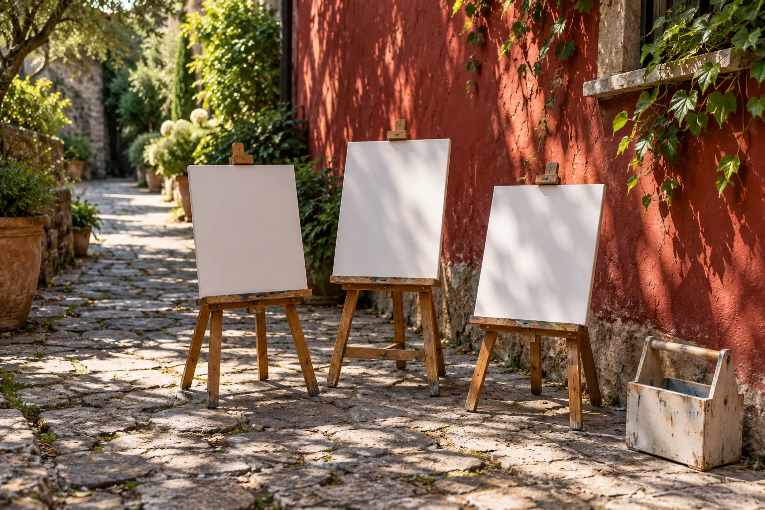 Illustration: Three compact empty easels with blank boards occupy a narrow paved garden passage beside a red wall and paint carrier.
