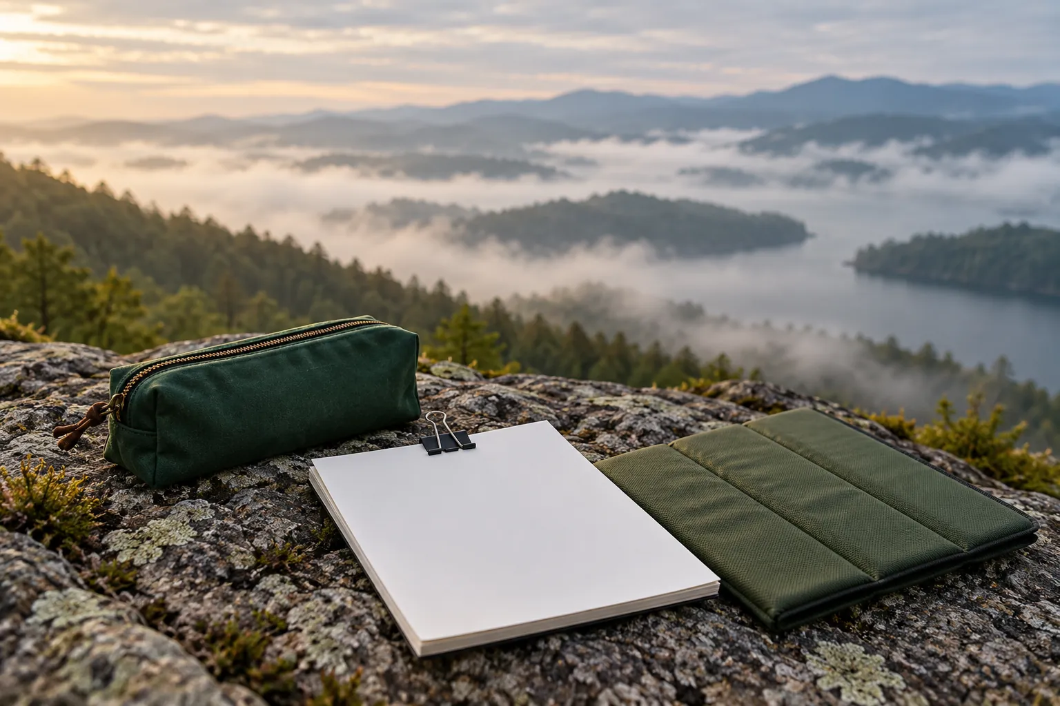 Illustration: A deep green pencil pouch, blank clipped paper and compact sitting mat rest on rough rock at a misty lookout.