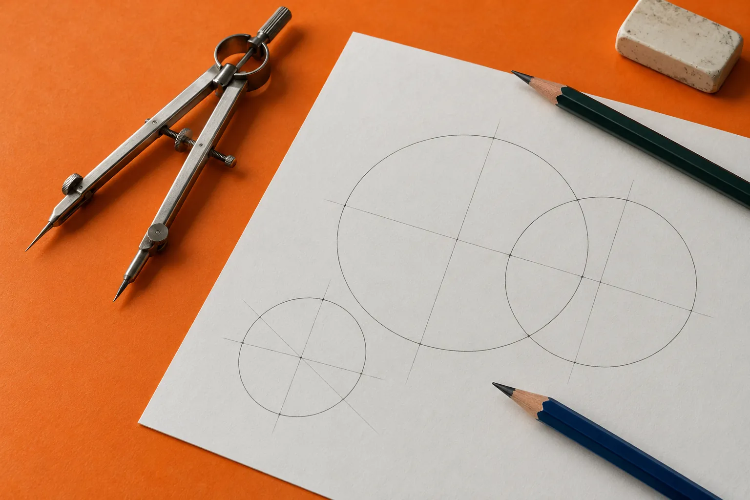 Illustration: A drafting compass, pencils and paper bearing simple original circles sit on an orange laminate work surface.