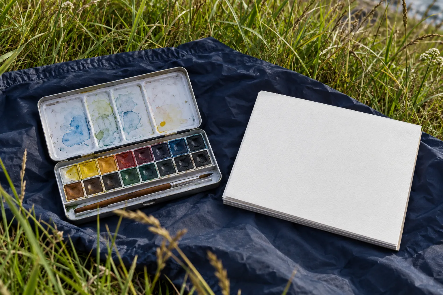 Illustration: A plain metal paint box with small coloured pans and a brush lies open beside a blank pad on a navy groundsheet amid tall grass.