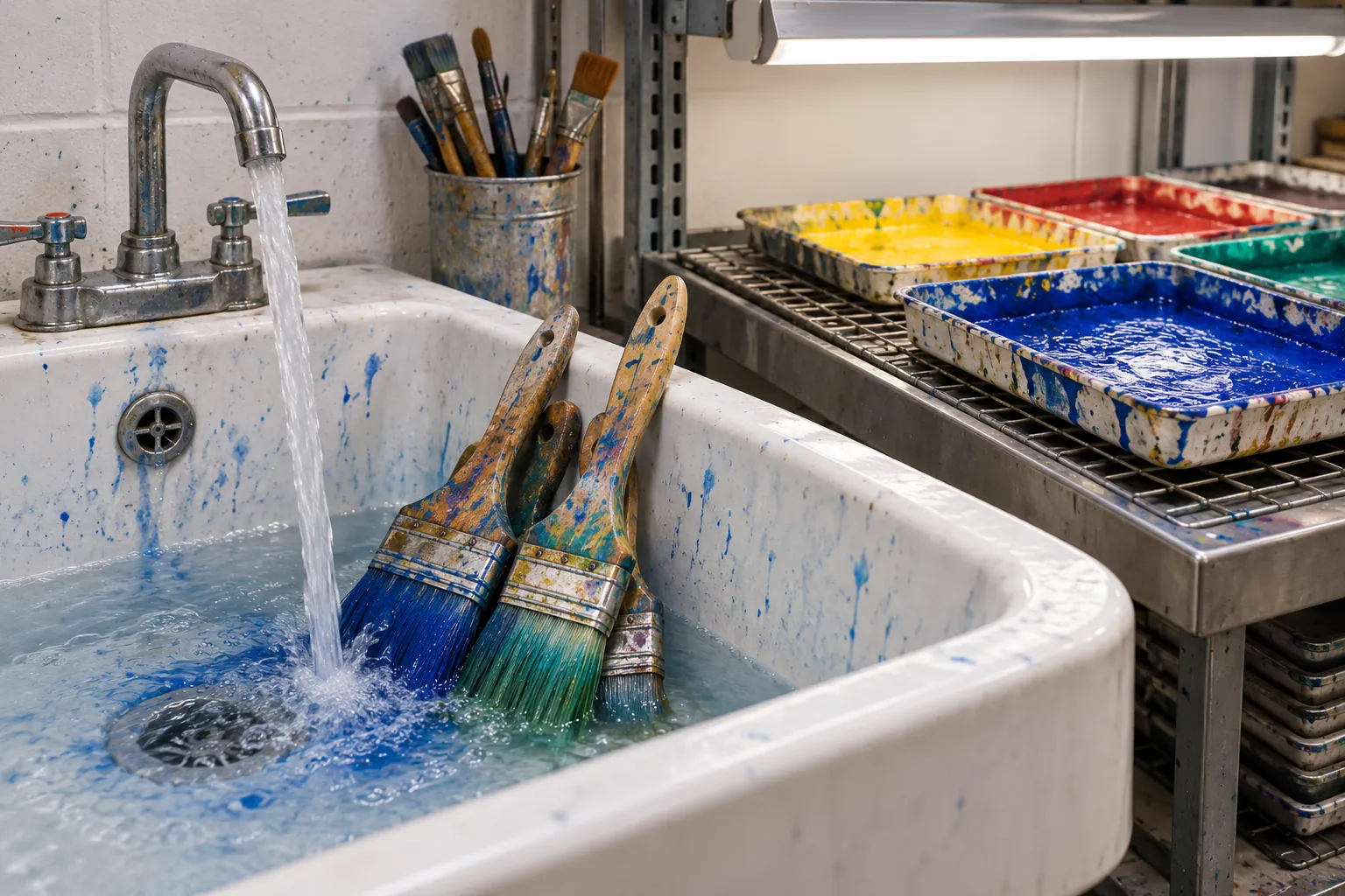 Illustration: Broad paintbrushes rinse in a white utility sink streaked with small blue pigment traces, coloured paint trays on a drying grid.