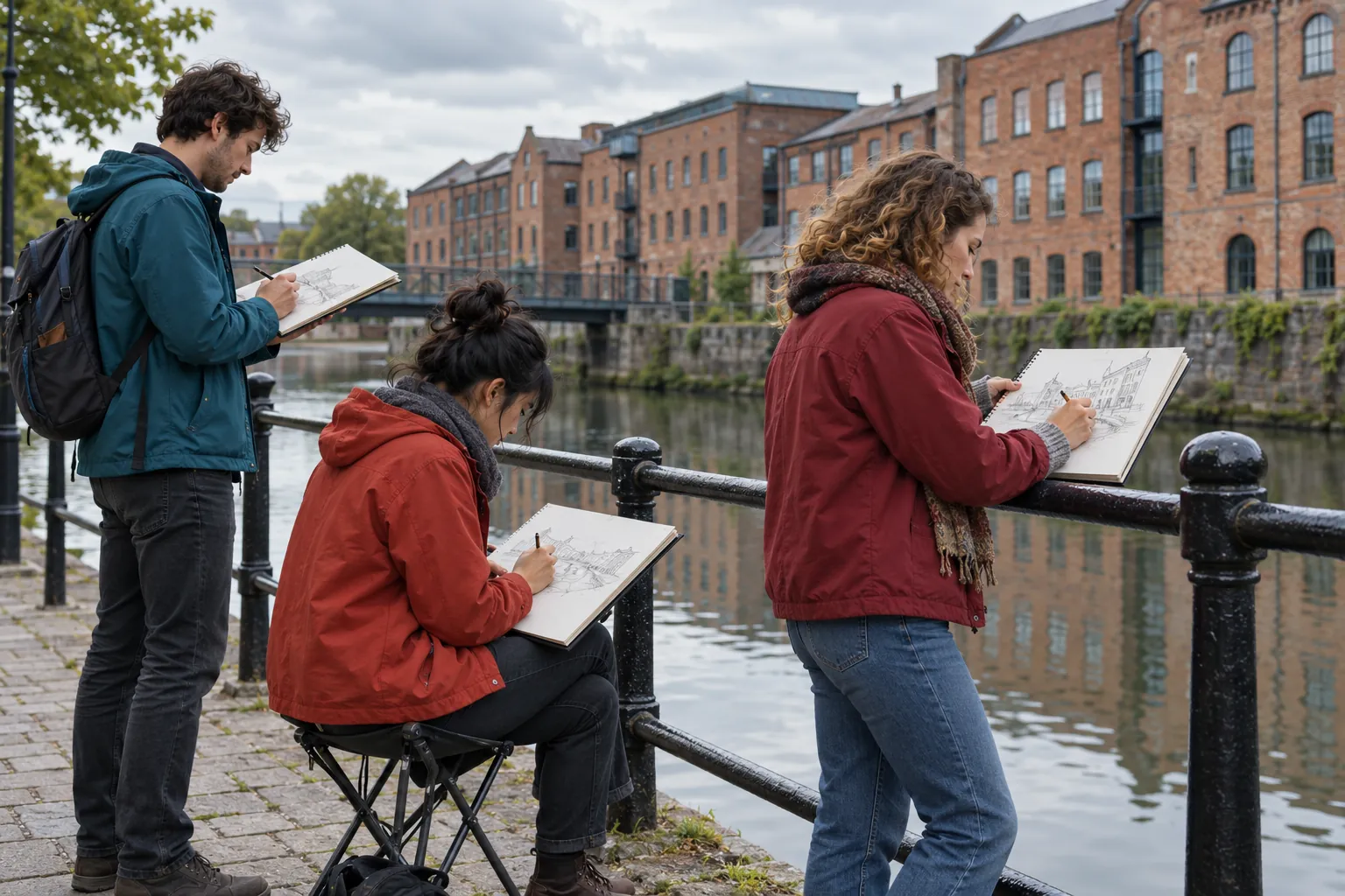 Illustration: Three young adults sketch buildings beside a canal railing, one seated and two standing.