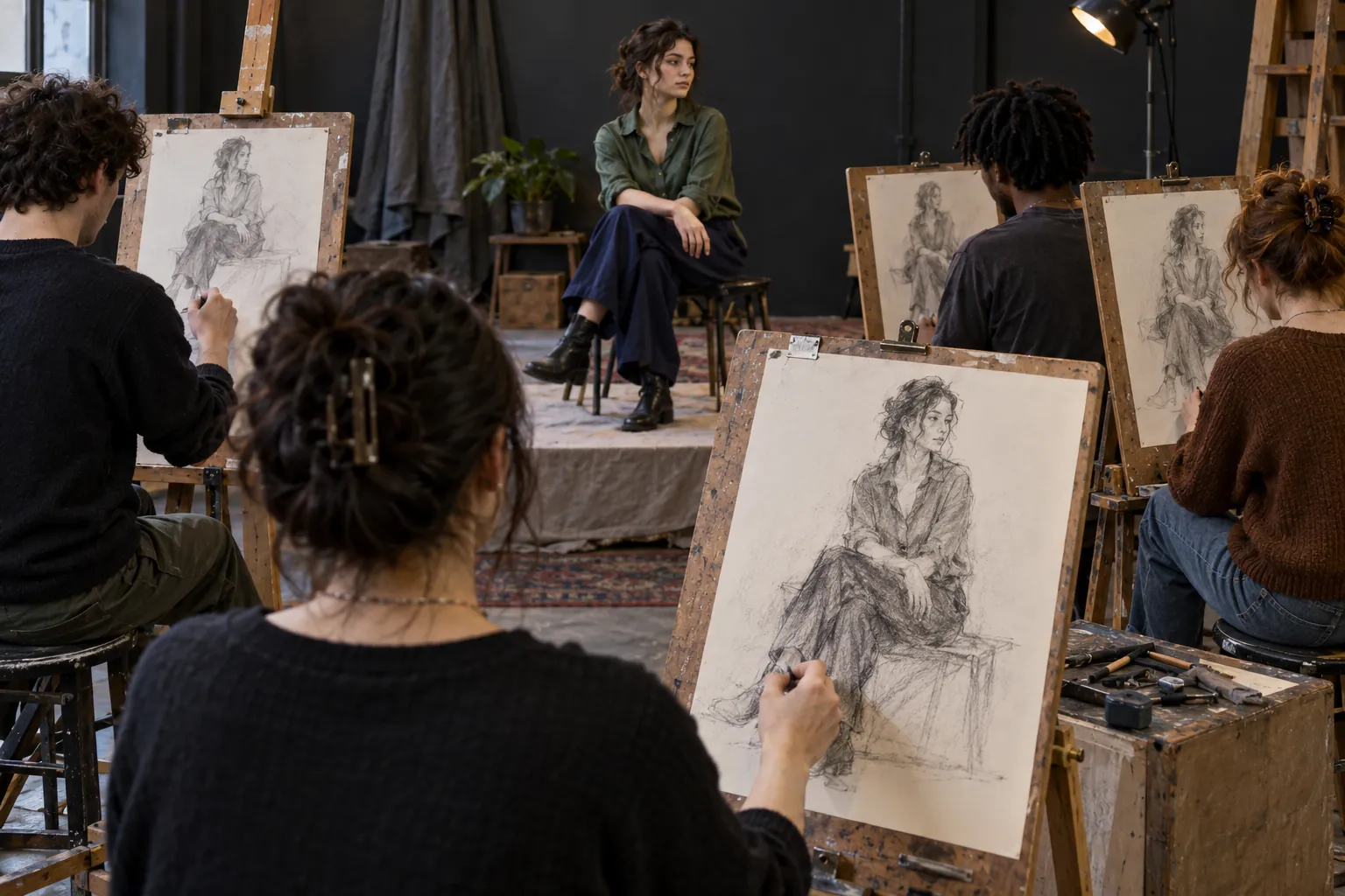 Illustration: Young adult artists sketch a clothed model in a charcoal-walled studio.