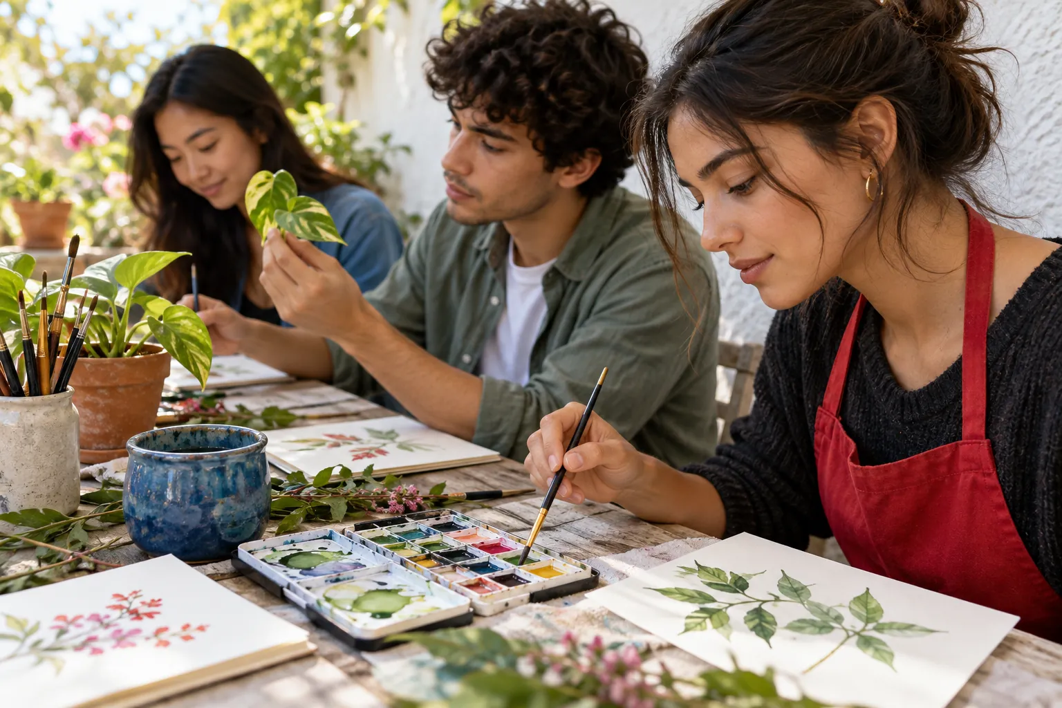 Illustration: Young adults paint botanical watercolours beside a garden wall.