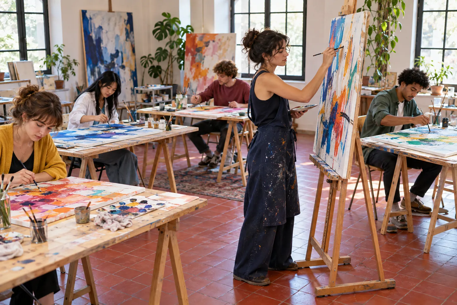 Illustration: Young adults paint separate abstract canvases in a bright hall.