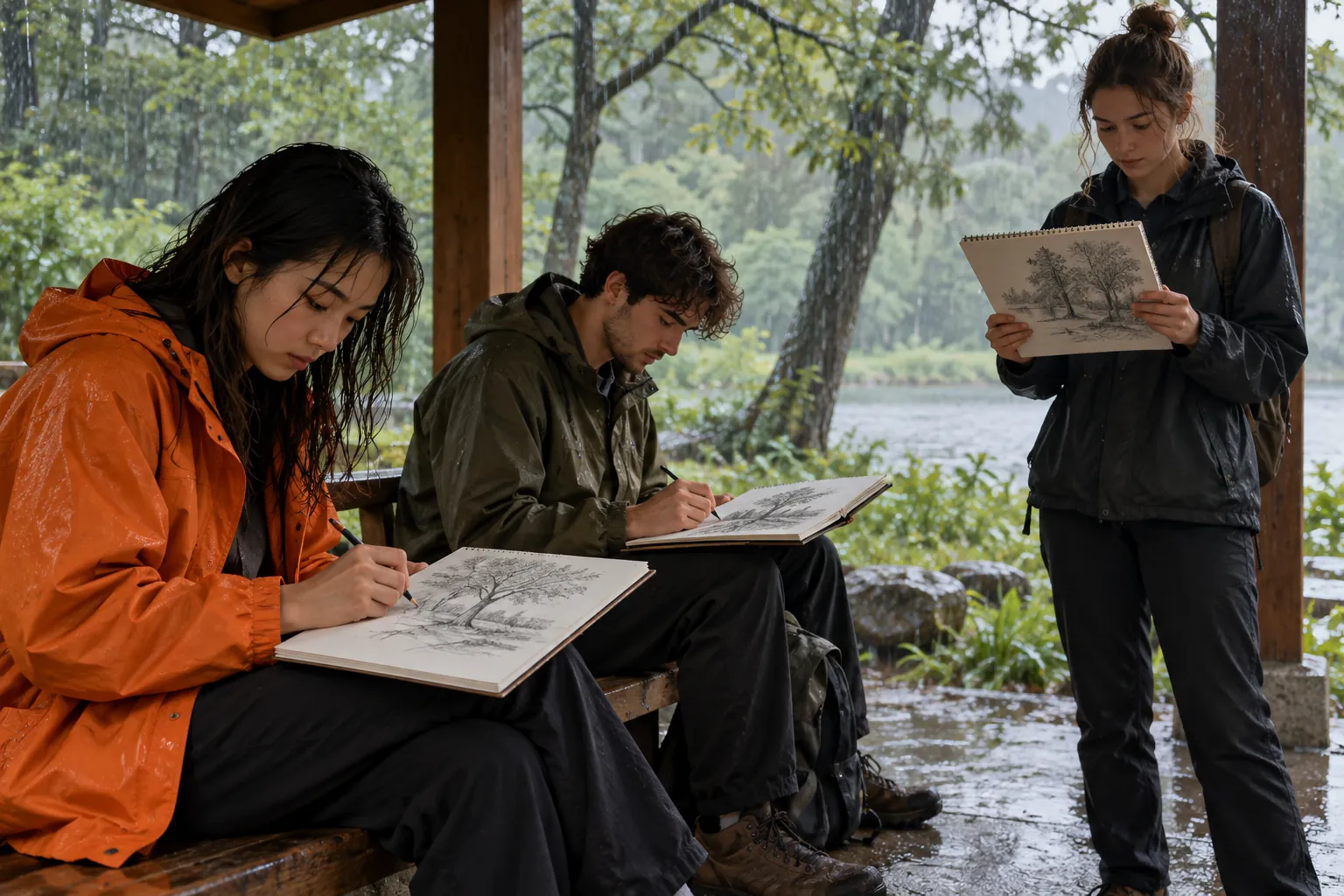 Illustration: Young adults sketch trees from beneath a shelter in the rain.