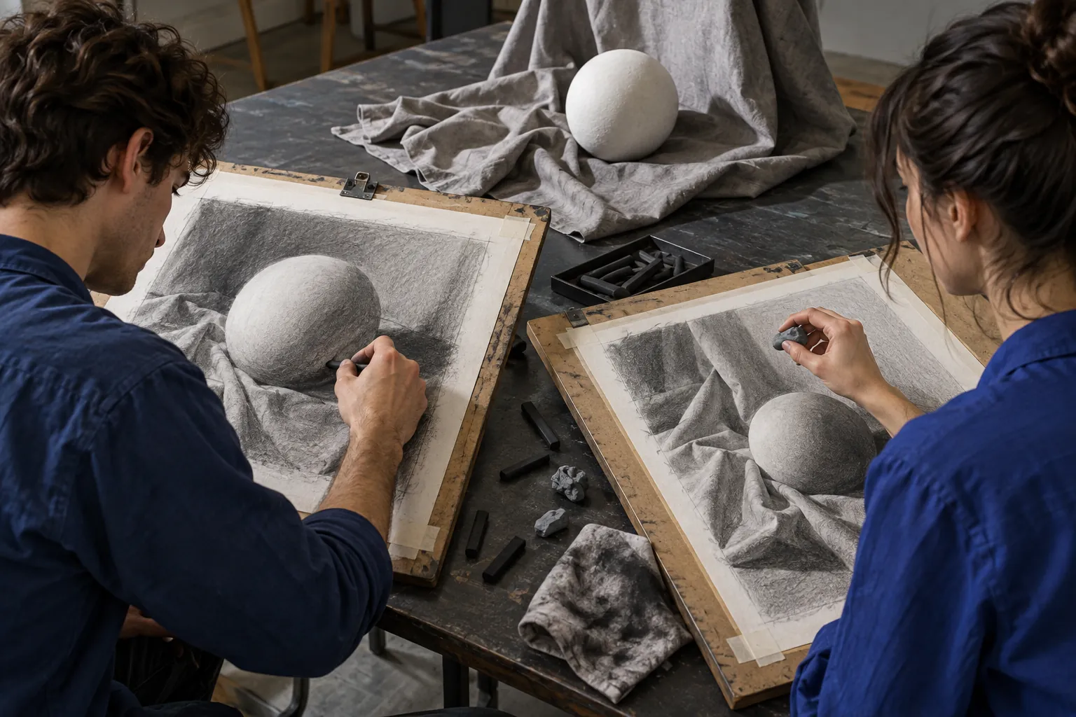 Illustration: Young adults make charcoal studies at adjacent drawing boards.