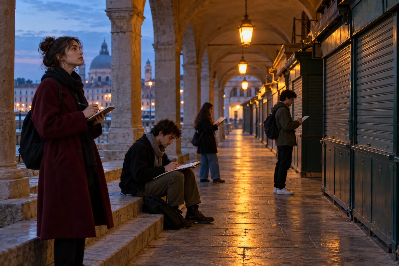 Illustration: Young adults sketch a market arcade at dusk.