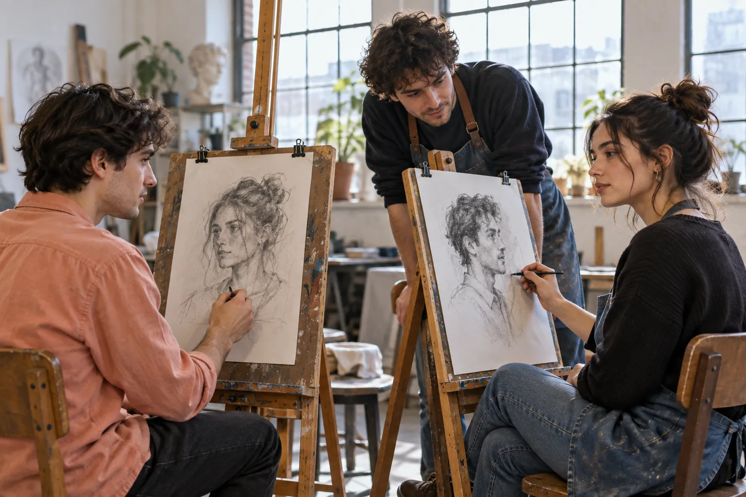 Young artists drawing each other’s portraits at opposing easels.