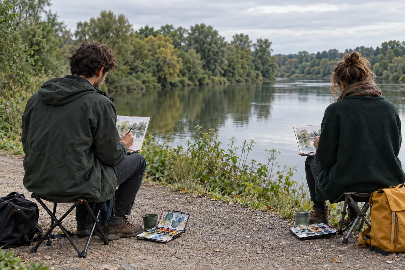 Illustration: Young adults paint river reflections from stools beside a river.