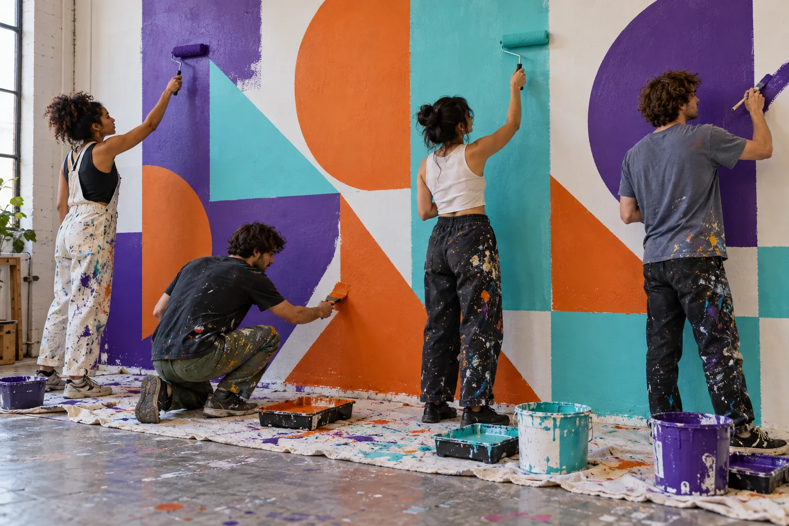 Illustration: Four young adults painting a geometric mural together.
