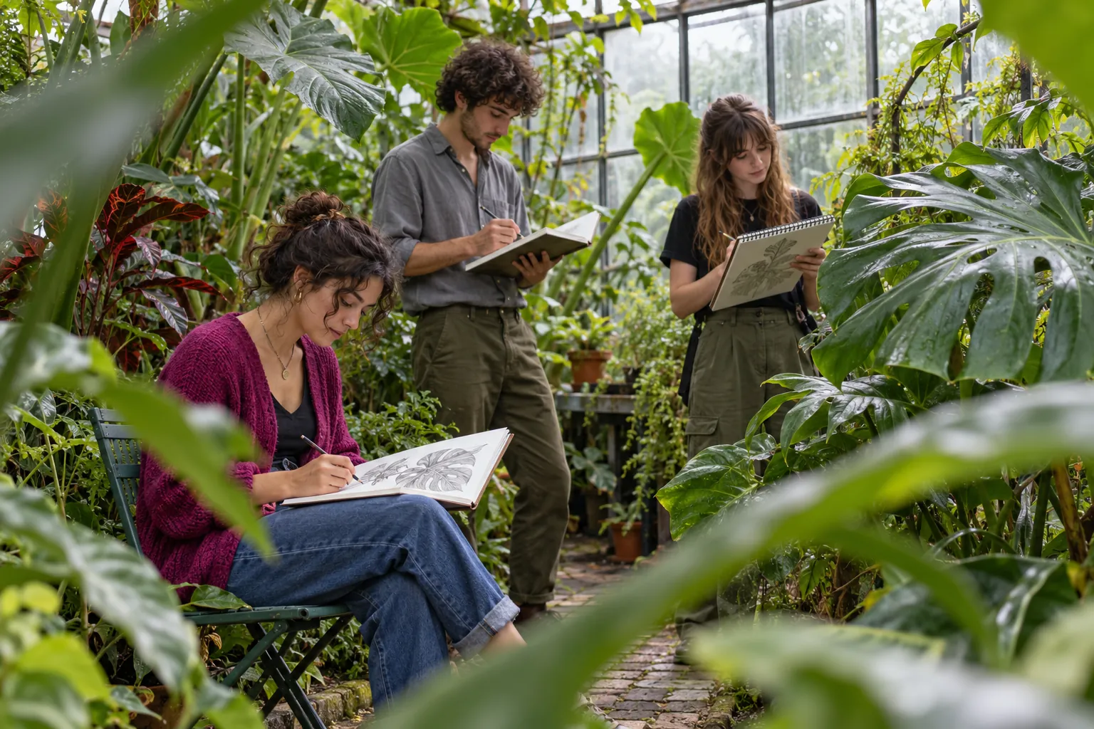 Illustration: Three young adults sketching tropical leaves in a greenhouse.