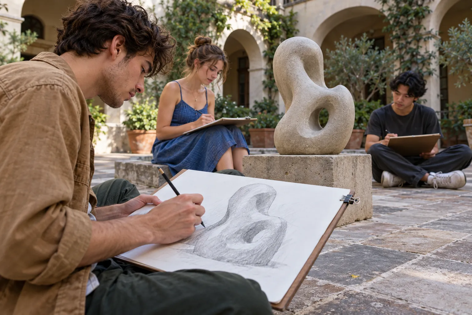 Illustration: Young adults practice sketching a stone sculpture in a courtyard.