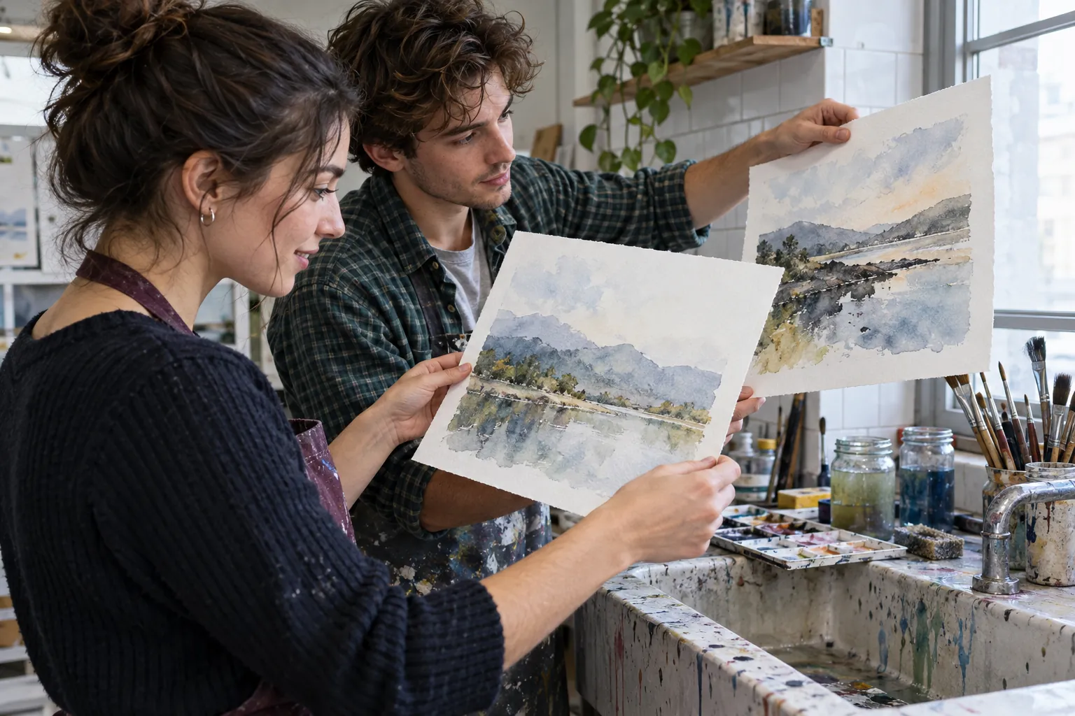 Illustration: Young adult painters compare their watercolour studies in a tiled studio.