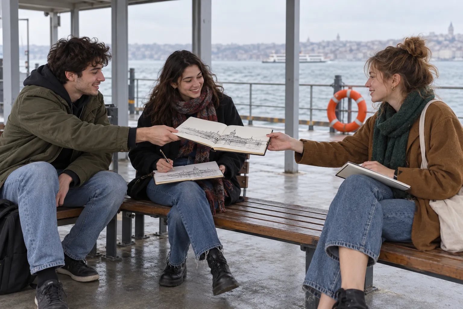 Illustration: Young adults sharing architectural sketches at a waterside waiting area.