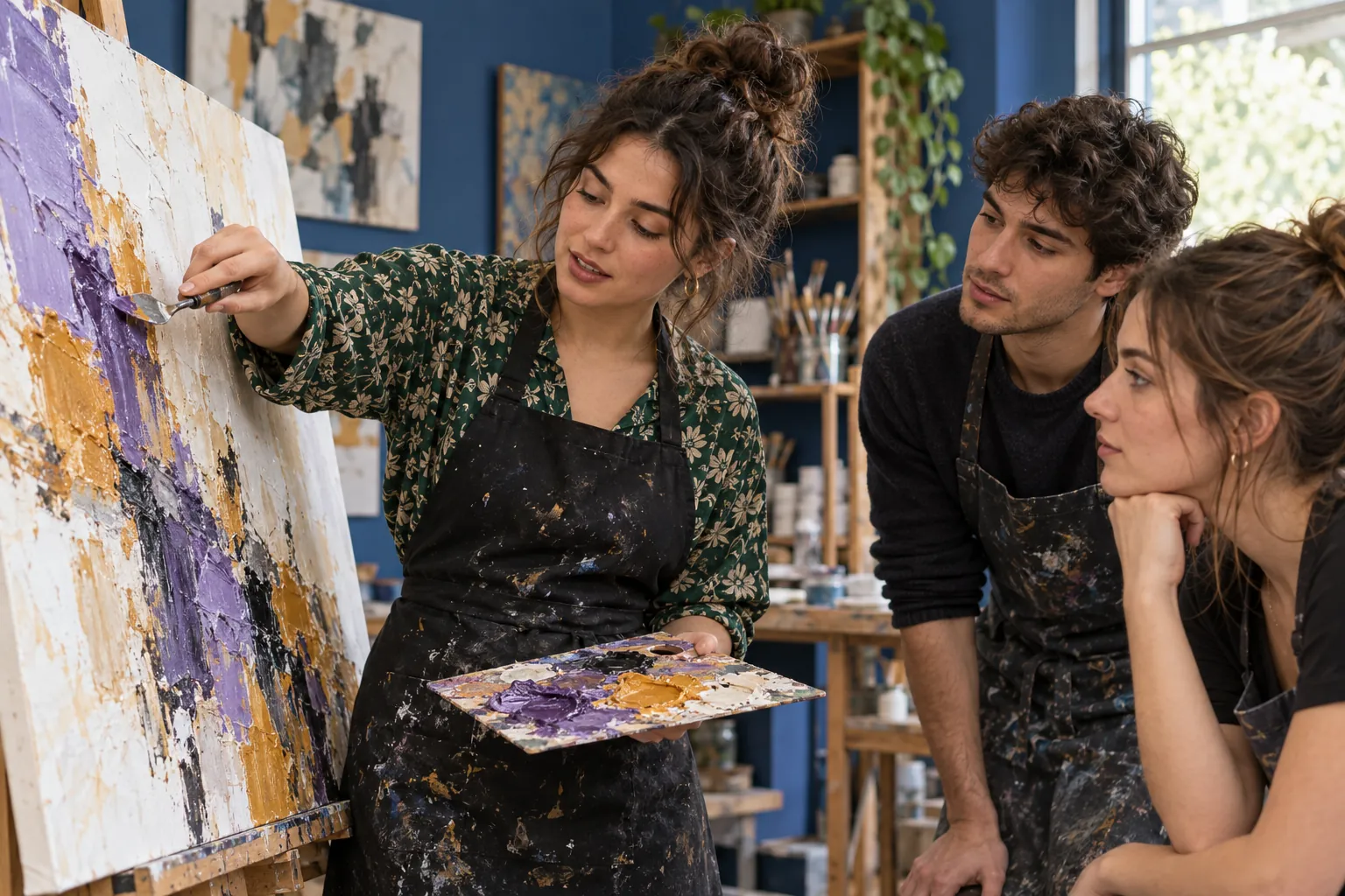 Illustration: A young adult instructor demonstrates palette knife painting to two learners.