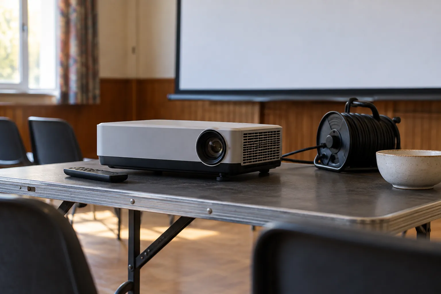 Illustration: A small projector and remote on a table facing a blank screen.
