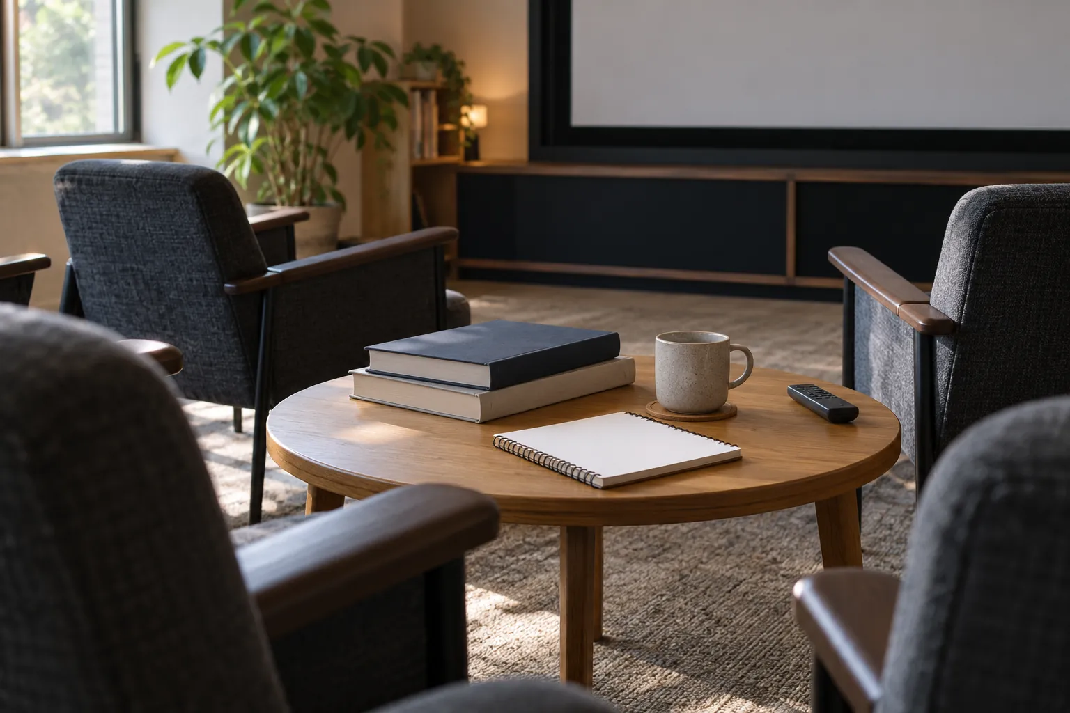 Illustration: Plain books and a blank notebook between empty screening-room chairs.