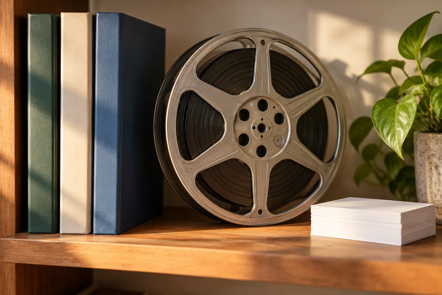 Illustration: Plain study folders and a metal film reel on a low shelf.