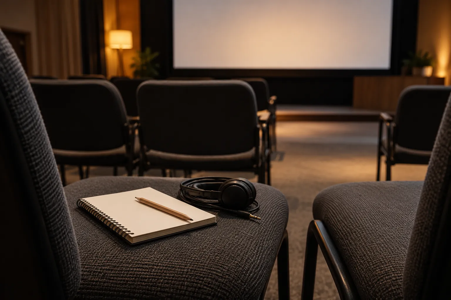 Illustration: A notebook and coiled cable on an empty screening-room seat.