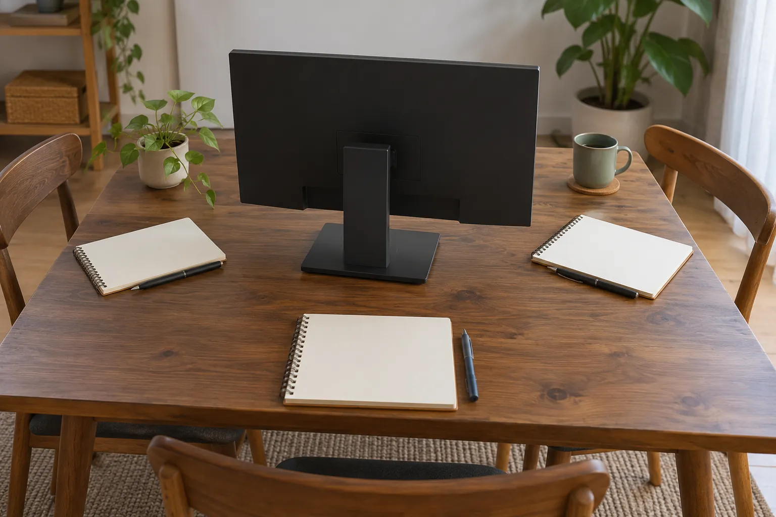 Illustration: The back of a small monitor surrounded by blank notebooks.