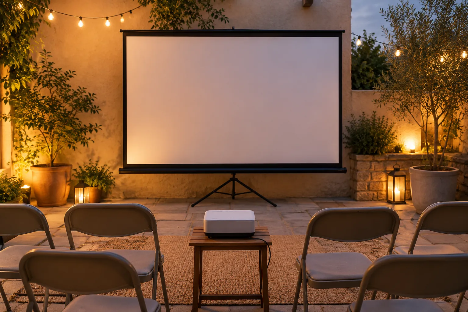 Illustration: A blank projection screen and projector in a sheltered courtyard.