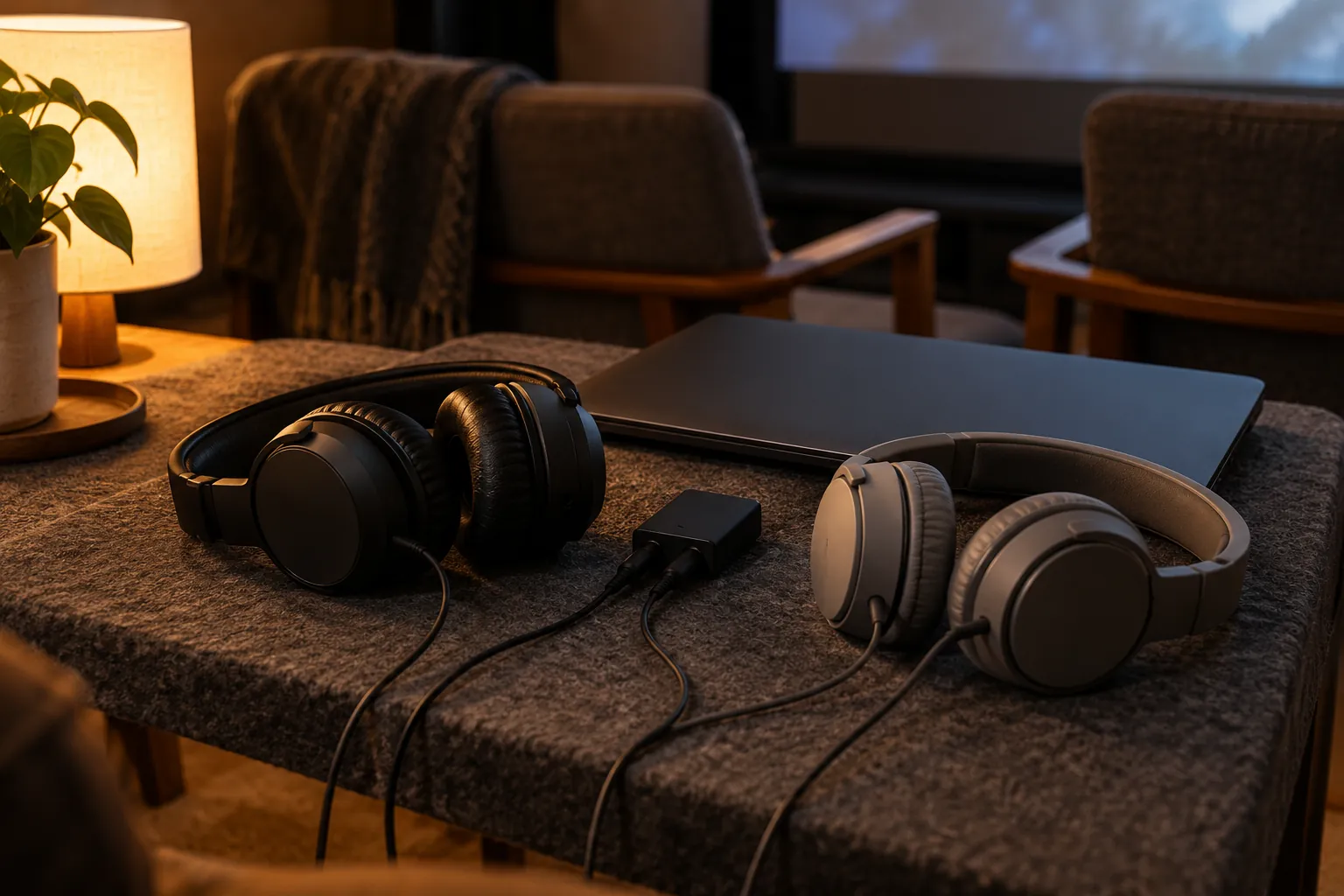 Illustration: Two headphones and an audio splitter beside a closed laptop.