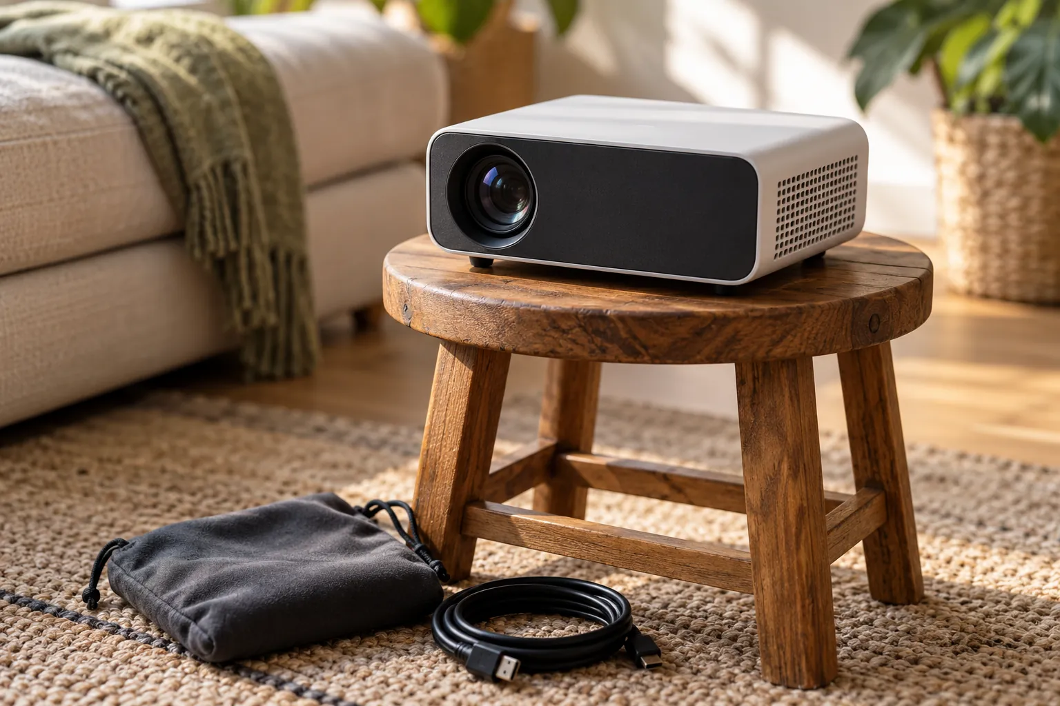 Illustration: A compact projector on a wooden stool with a coiled cable.