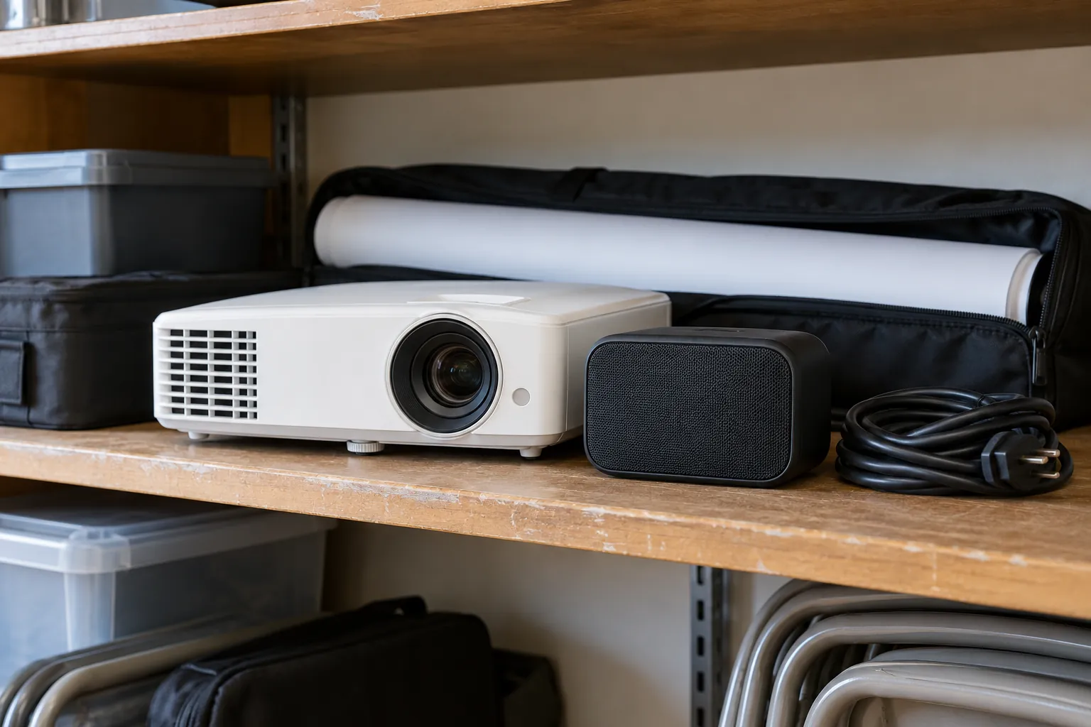 Illustration: A projector, speaker and cables on a community storage shelf.