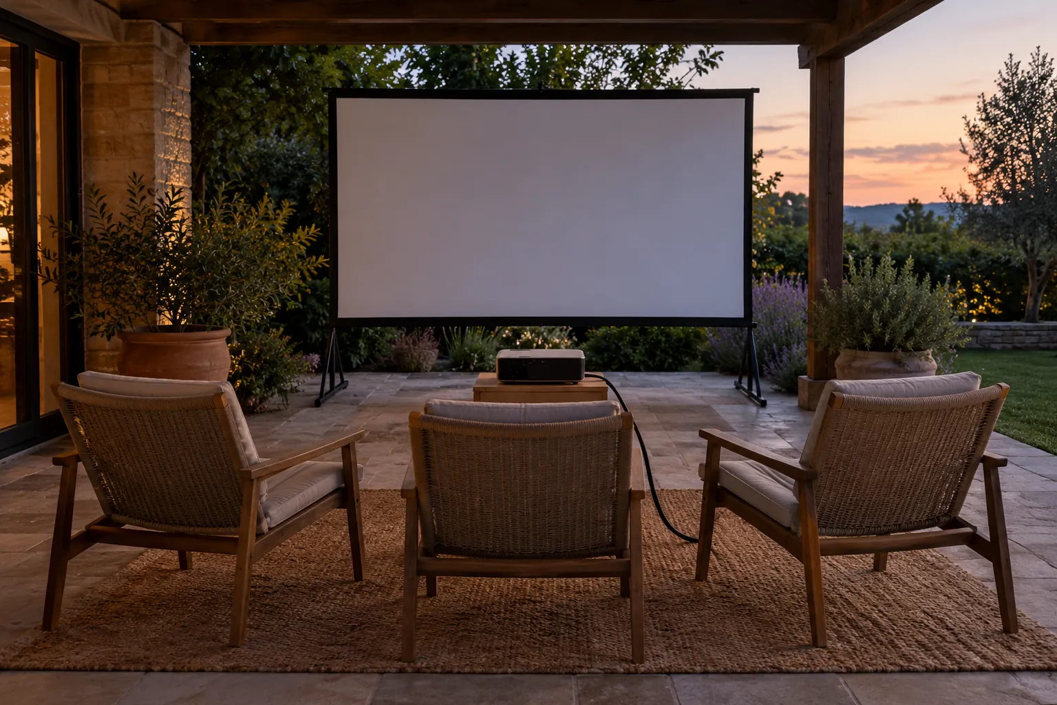 Illustration: Empty garden chairs facing a blank screen under a patio.