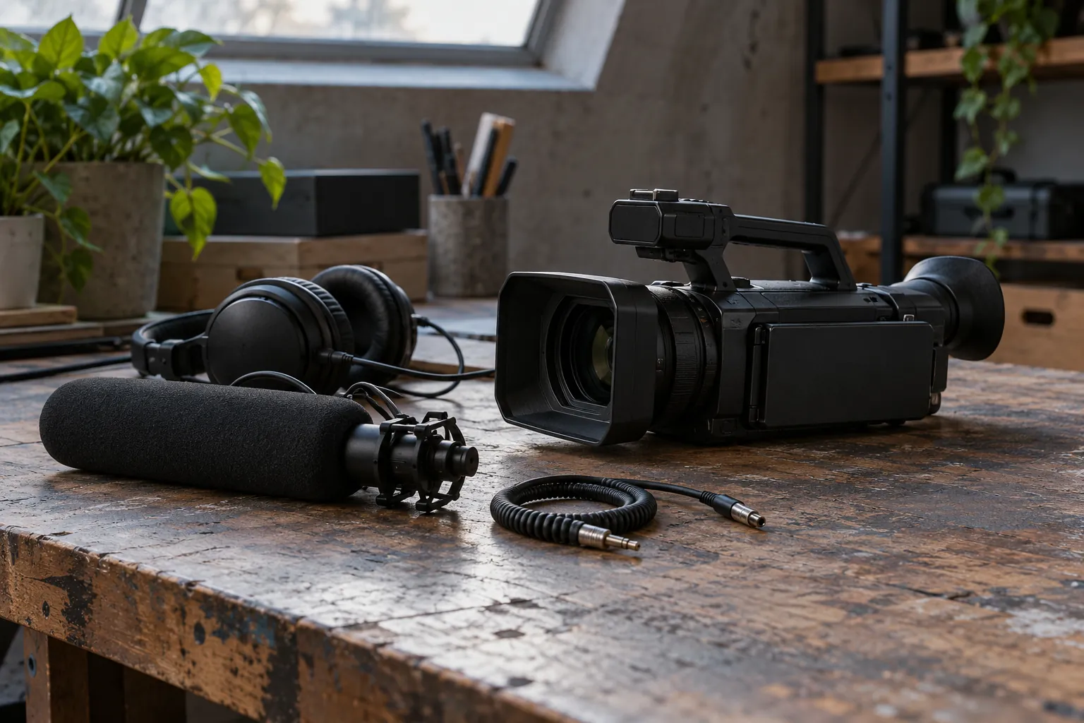 Illustration: A video camera, shotgun microphone and headphones on a workbench.