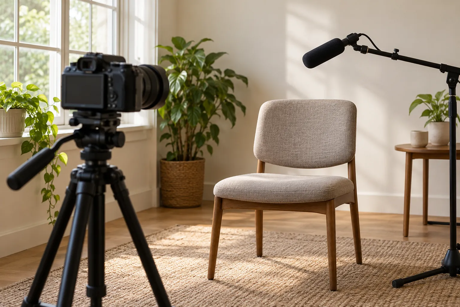 Illustration: A camera and microphone prepared for an interview with an empty chair.