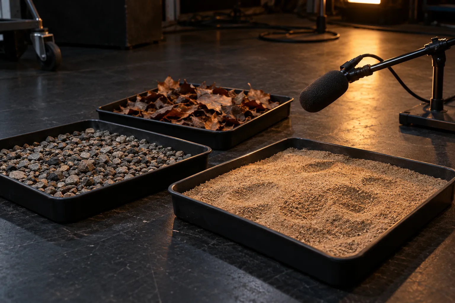 Illustration: Gravel, leaves and sand in Foley trays beside a low microphone.