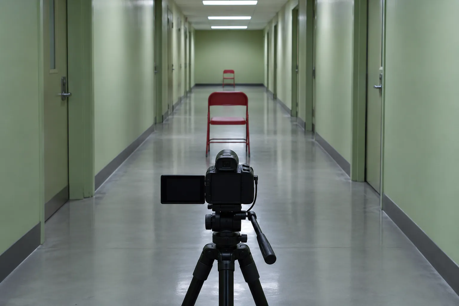 Illustration: A tripod camera aimed at chairs along a green corridor.