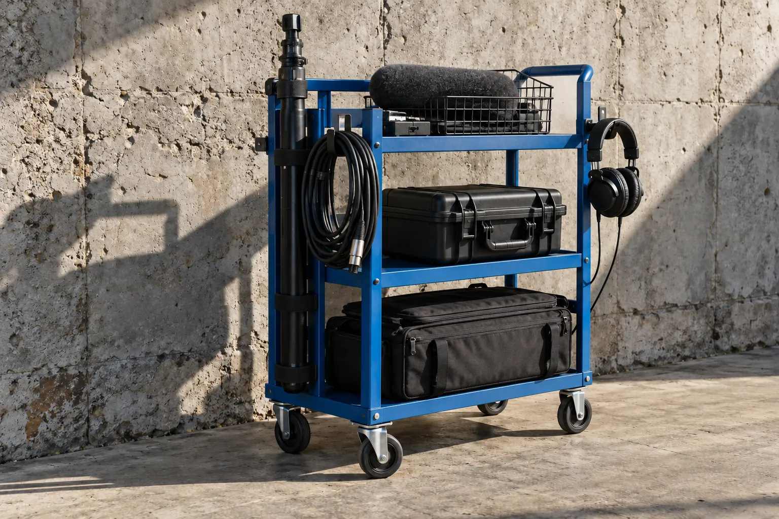 Illustration: A blue utility cart carrying a boom pole and sound gear.
