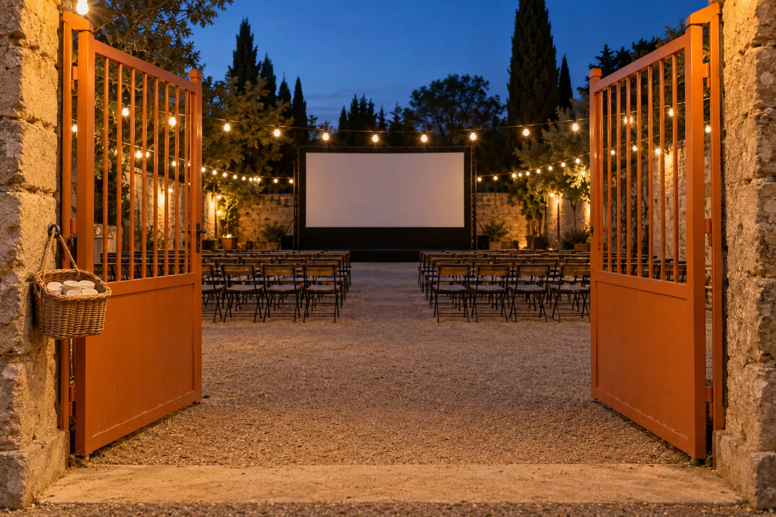 Illustration: Open orange gates leading to an empty courtyard cinema.