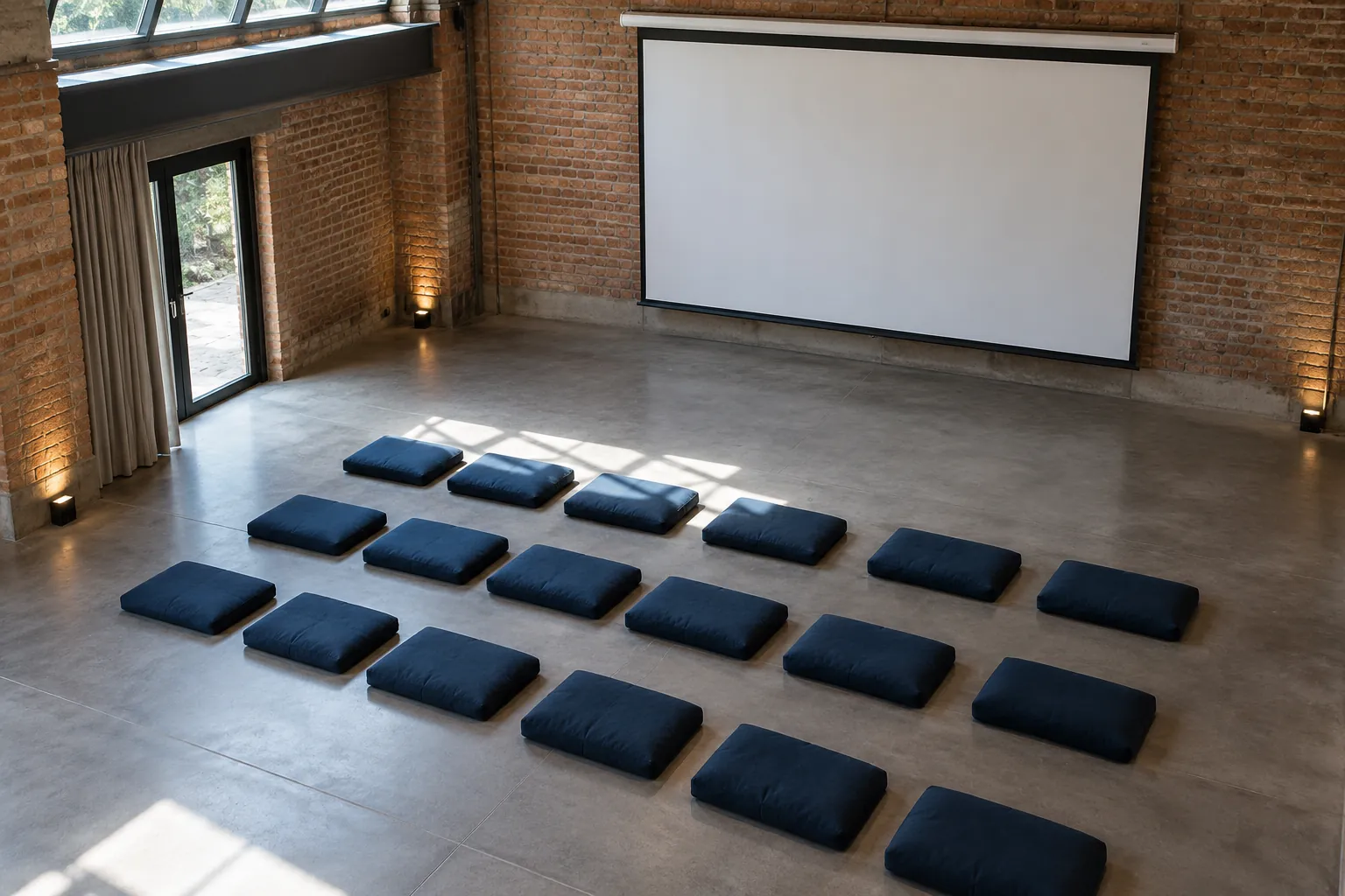 Illustration: Blue floor cushions facing a screen in a brick hall.