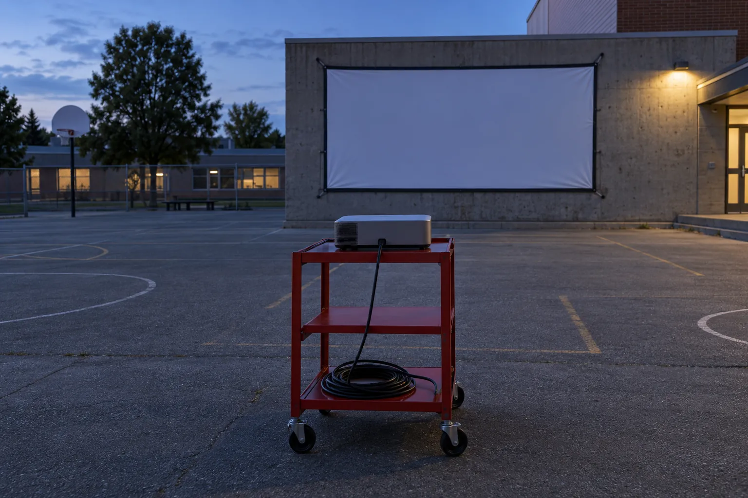 Illustration: A red projection cart facing a screen in an empty schoolyard.