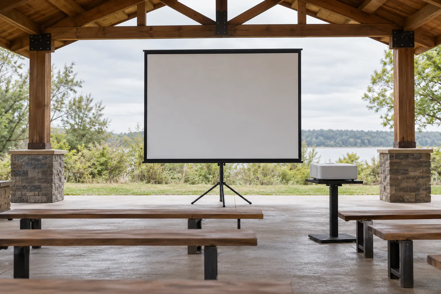 Illustration: A blank screen and projector beneath a timber pavilion roof.