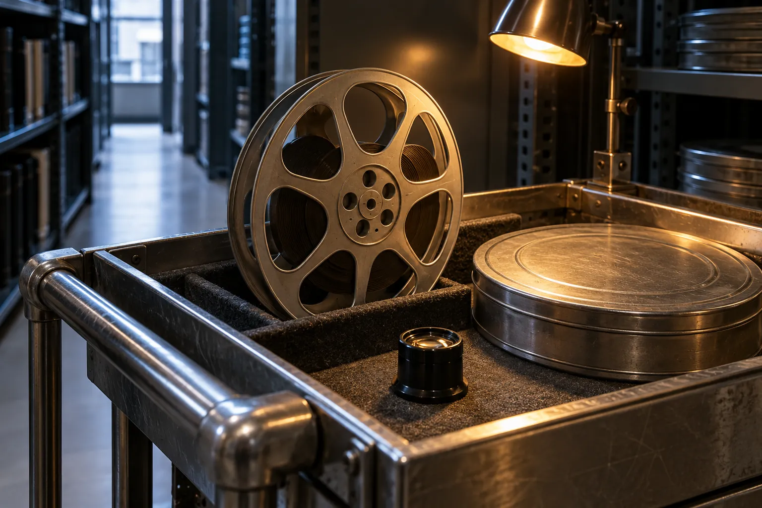 Illustration: A metal reel, film can and loupe on an archival utility cart.
