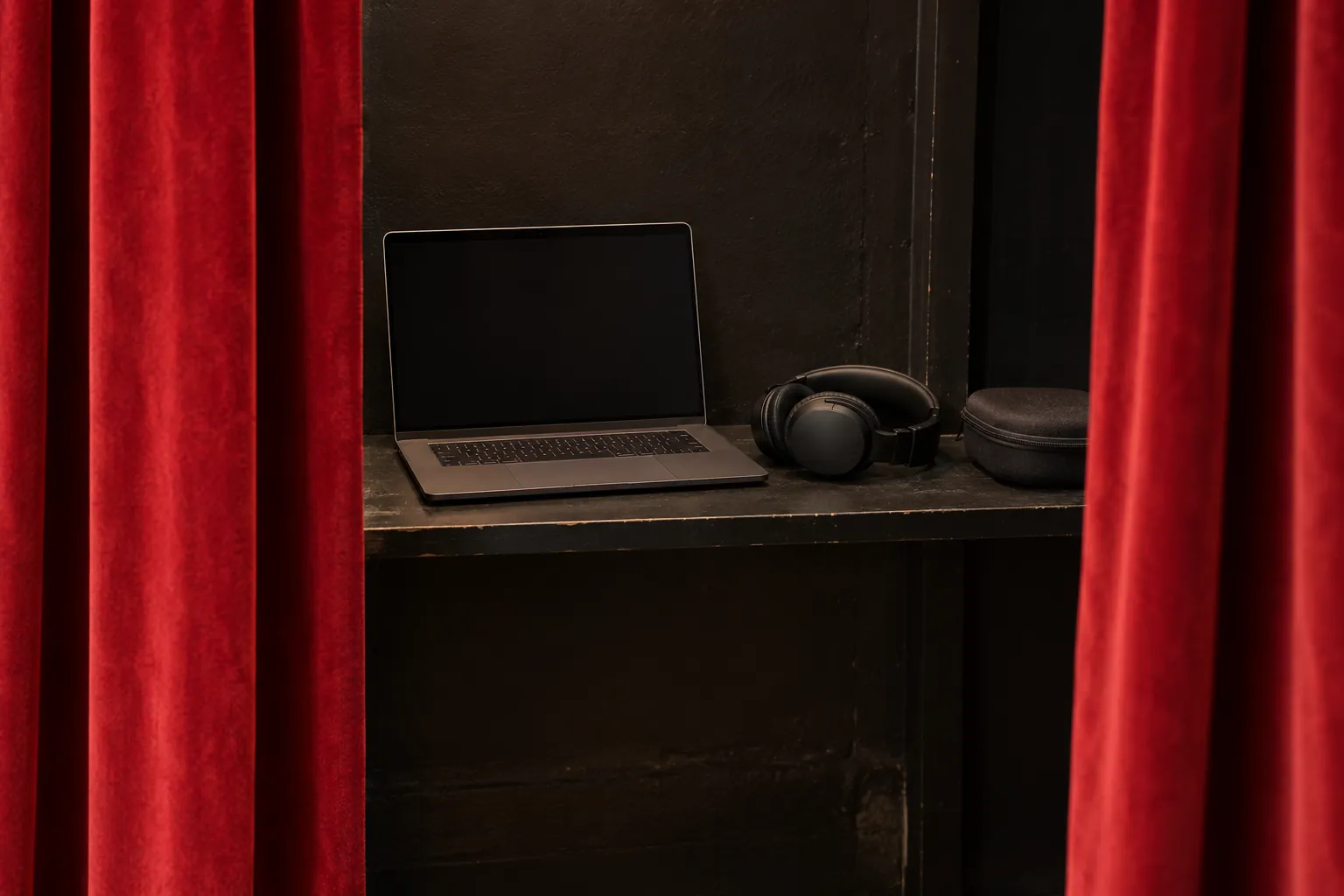 Illustration: An unbranded laptop with a blank dark screen, generic headphones and portable storage case sit on a narrow black shelf behind a red rehearsal-room curtain, shown wide.