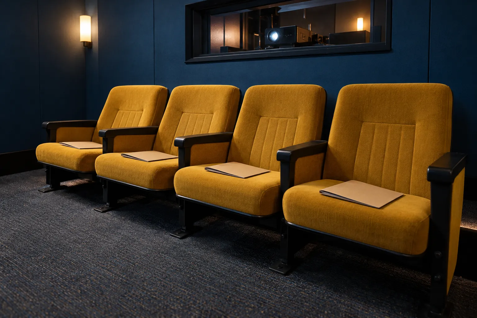 Illustration: Four empty mustard cinema seats and plain discussion folders below a small projection-booth window in a blue-walled room.
