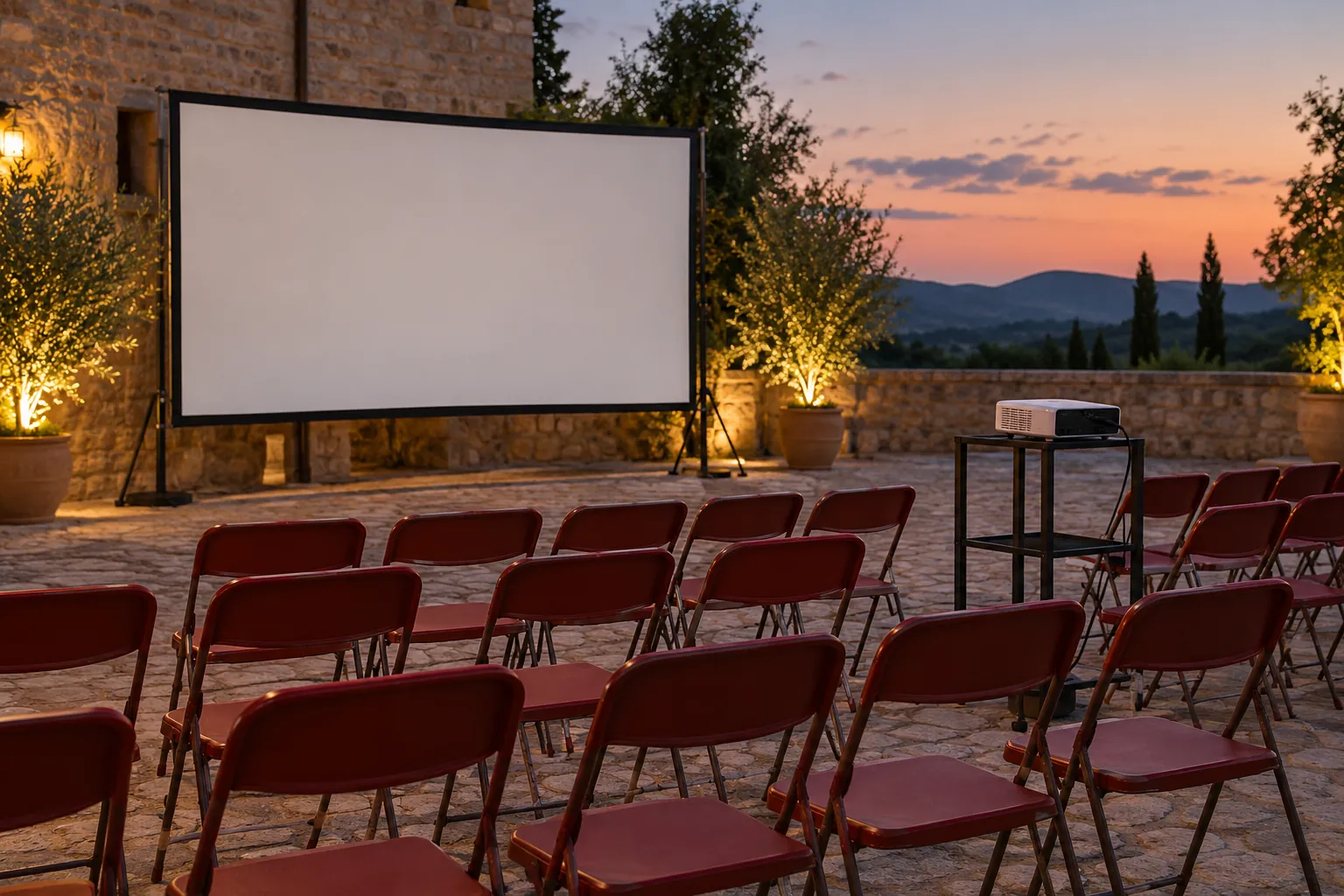 Illustration: A plain white portable screen faces empty red folding chairs in a paved courtyard at dusk, projector on a stable black stand.