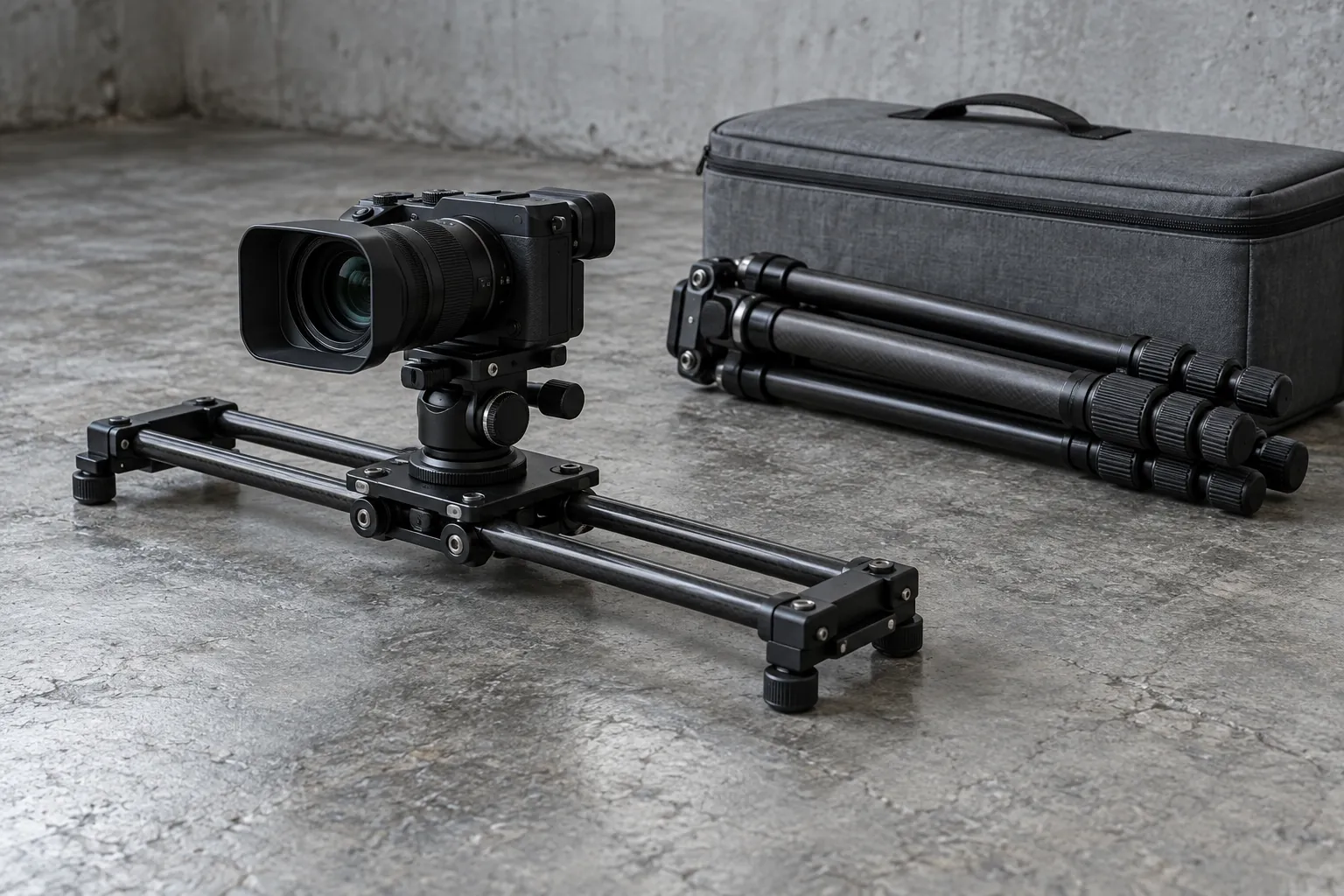 Illustration: An unbranded small video camera on a simple short slider beside a folded tripod and plain grey case on a concrete studio floor.