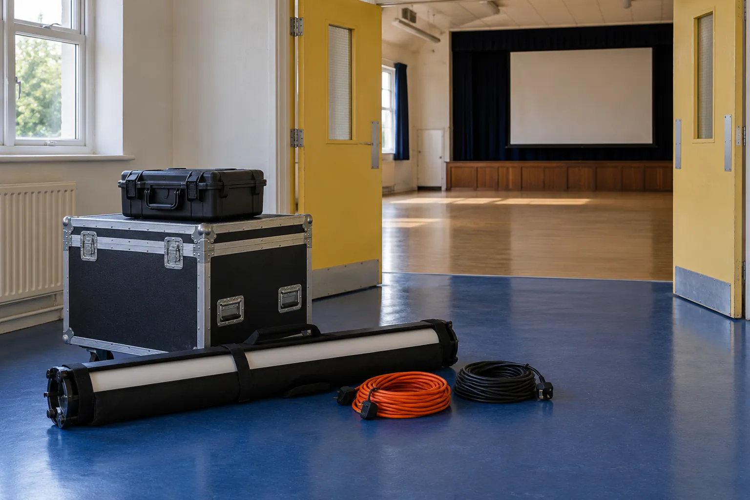 Illustration: Black equipment cases, a rolled projection screen and coiled extension leads beside open yellow hall doors on blue flooring.