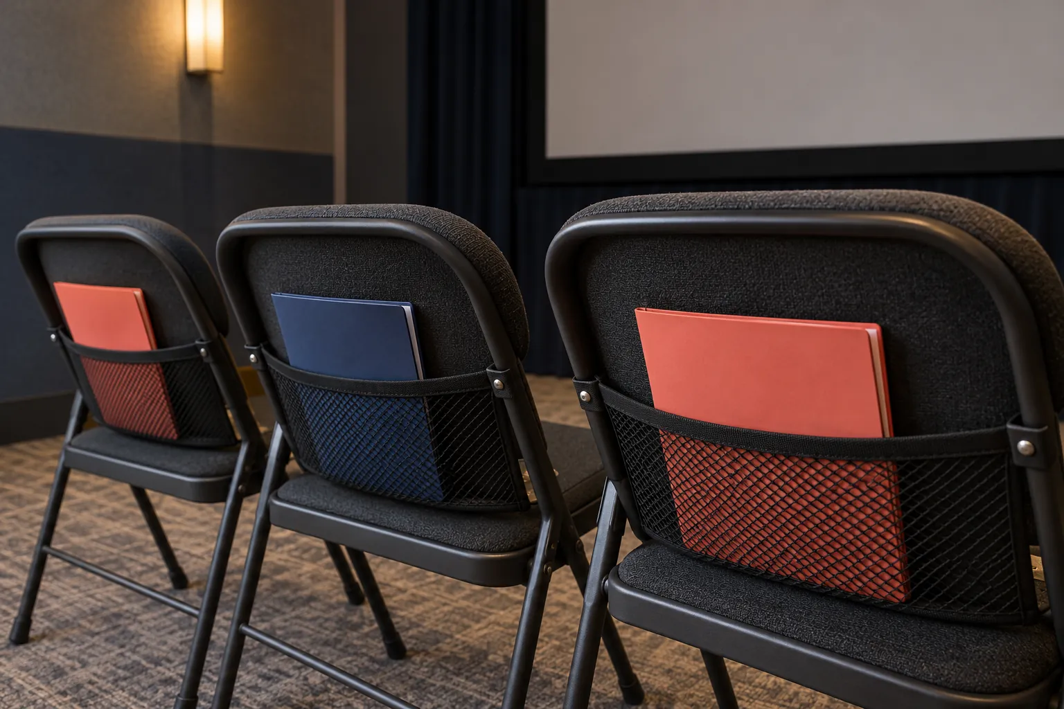 Illustration: Plain navy and coral folders tucked into the mesh pockets of three empty folding chairs in a small screening room.