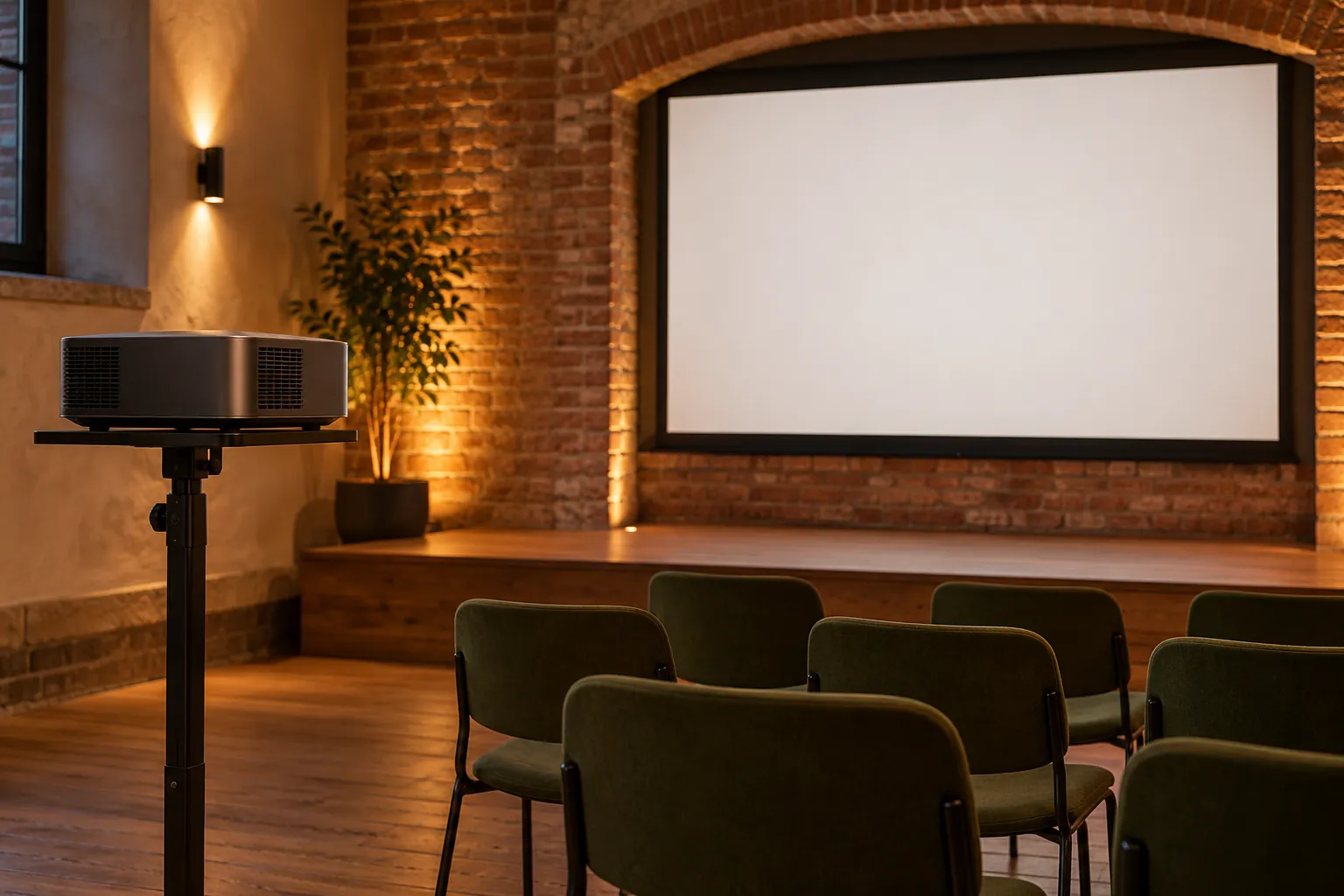 Illustration: A compact plain projector on a metal stand aimed at a blank screen beyond a brick arch, empty green chairs visible.