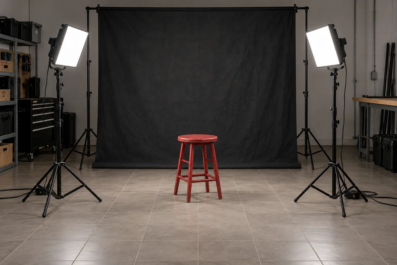 Illustration: Two plain LED panels on stable stands illuminate an empty red stool against a charcoal backdrop in a tiled workshop.